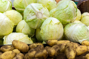 white cabbage on the market stalls, selling vegetables