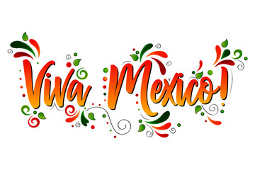 Viva Mexico! Colorful Traditional mexican phrase holiday, Vector lettering isolated illustration on white  background with floral elements. 