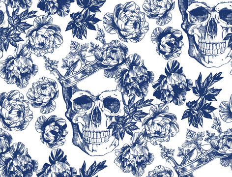Vintage blue skull in crown with flowers seamless pattern