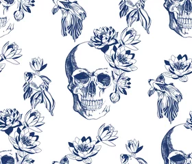 Wallpaper murals Human skull in flowers Vintage blue skull with goldfish and flowers seamless pattern