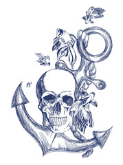 Blue skull with anchor and goldfish vintage style illustration