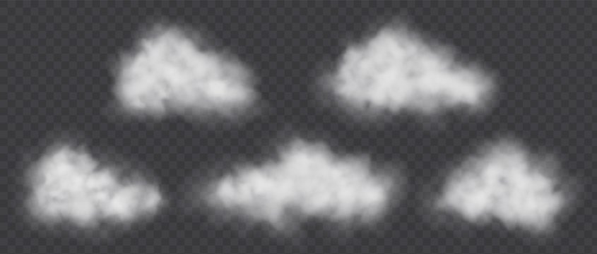 White smoke clouds set isolated on transparent background. Air pollution concept. Cloudy weather vector illustration.