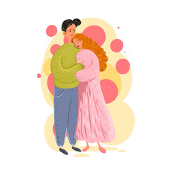 Couple in love. Man and woman embracing each other affectionately. Characters for the feast of Saint Valentine. Vector illustration in cartoon style