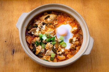 Korean spicy silken tofu stew which is called Sundubu Jjigae