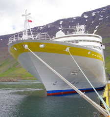 Small Plantours Kreuzfahrten white cruiseship or cruise ship liner MS Hamburg in Iceland in port of...