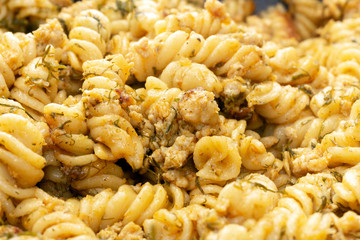 fusilli macaroni with minced meat paste. mixes home cooking
