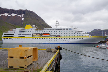 Small Plantours Kreuzfahrten white cruiseship or cruise ship liner MS Hamburg in Iceland in port of...