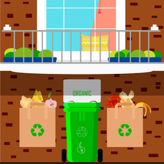 Vector flat illustration of sorting garbage into categories plastic, organic, metal, paper, glass. Trash can with sorted garbage for environmental recycling on the background of a brick house with a