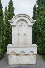 New Belgrade, Serbia - October 05, 2019: Religious fountain in the churchyard Orthodox Church Holy Dimitrie (serbian: Crkva Svetog velikomucenika Dimitrija) in Now Belgrade, Serbia.