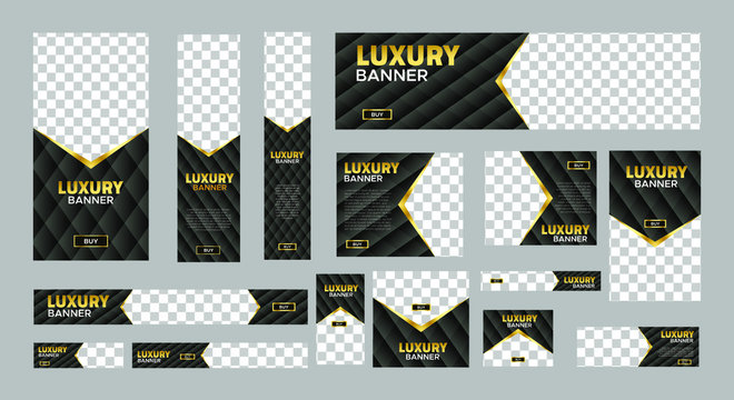 set of black luxury web banners of standard size with a place for photos. Vertical, horizontal and square template. Business ad banner