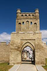 Fototapeta na wymiar The Krakow Gate, medieval gate, part of defensive walls in Szydlow, Poland