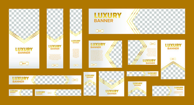 Set Of White Luxury Web Banners Of Standard Size With A Place For Photos. Vertical, Horizontal And Square Template. Business Ad Banner