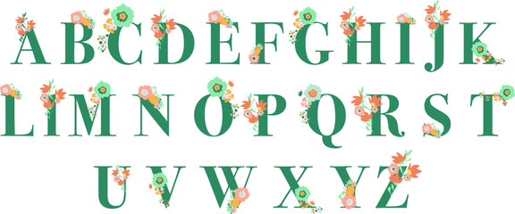 vector alphabet letters flowers, serif, pastel palette, a complete collection of letters from a to z