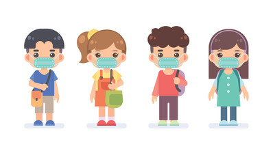 Set of cute teenage boys and girls wear the protective mask to protect from disease, flu and air pollution. Protect yourself from COVID-19 Coronavirus concept. Vector flat design illustration.