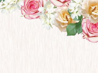 Beautiful floral background of roses and jasmine. Isolated