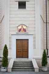 New Belgrade, Serbia - October 05, 2019: Orthodox Church Holy Dimitrie (serbian: Crkva Svetog velikomucenika Dimitrija) in Now Belgrade, Serbia.