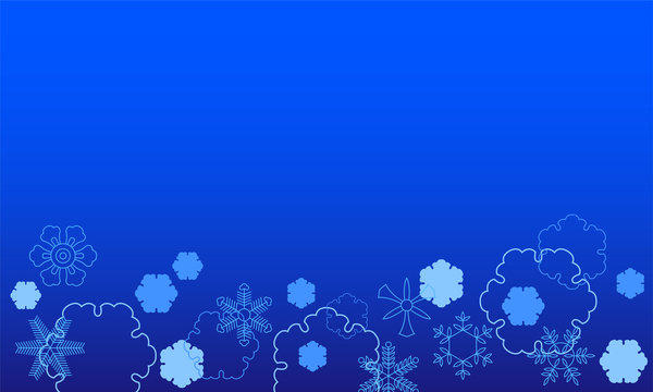 青い背景に雪が降っている模様。日本の伝統的な雪の結晶の模様。