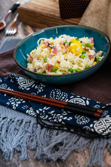Cantonese fried basmati rice with ham and eggs