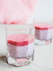 Chia pudding with mashed berries and banana, Healthy eating concept. Super food.