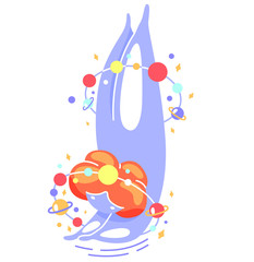 Cute vector isolated illustration fat space girl stands on hands. Yoga, balance exercise. World Yoga Day. Body positive, health care, acceptance of one’s body, self-love, development of flexibility.