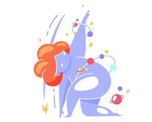 Colorful vector illustration of a space girl doing exercises from yoga. World Yoga Day, body positive, self-love, acceptance of one’s body, health care. Lunge with twisting, arm raised up, stretching.