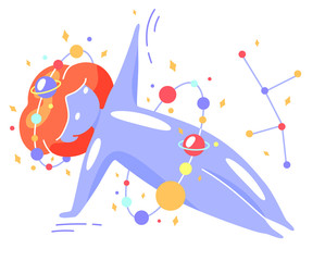 Unusual vector isolated illustration of a fat space girl doing a static exercise from yoga. Side bar, side press, health care. World Yoga Day. Body positive, self-acceptance, love for your body.
