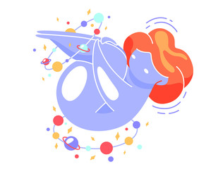 Cute vector isolated illustration space girl doing yoga. Riding on your back, clasping your legs. Exercise to relax your back. World Yoga Day. Body positive, health care, self-love, self-acceptance.