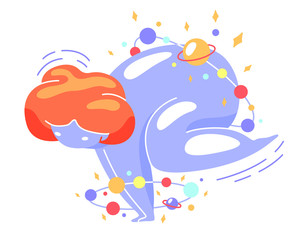 Cute vector isolated illustration space girl doing yoga exercise. Handstand, balance, meditating crane pose. World Yoga Day. Body positive, health care, self-love, self-acceptance.