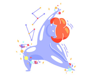 Cute vector isolated illustration fat space girl doing yoga exercise. Lunge with a hand raised up, stretching the sides. World Yoga Day. Body positive, health care, self-improvement, self-love.