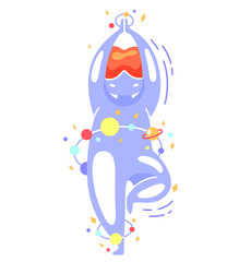 Cute vector isolated illustration of a fat space girl in a tree pose. Yoga, exercise on balance and concentration. World Yoga Day. Body positive, health care, acceptance of one’s body, self-love. 
