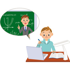 オンライン授業で数学を教える先生と男子生徒
