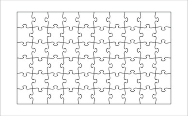 Set of fifty eight puzzle pieces. Puzzle with different types of details and the ability to move each part. Black and white vector illustration