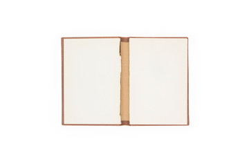 Open hard cover brown book on white background, inside hard cover