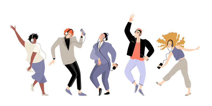 Set of images of young people listening to music on headphones and dancing isolated on a white background. Boys and girls having fun.