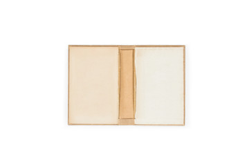Open hard cover terracotta book on white background, inside hard cover