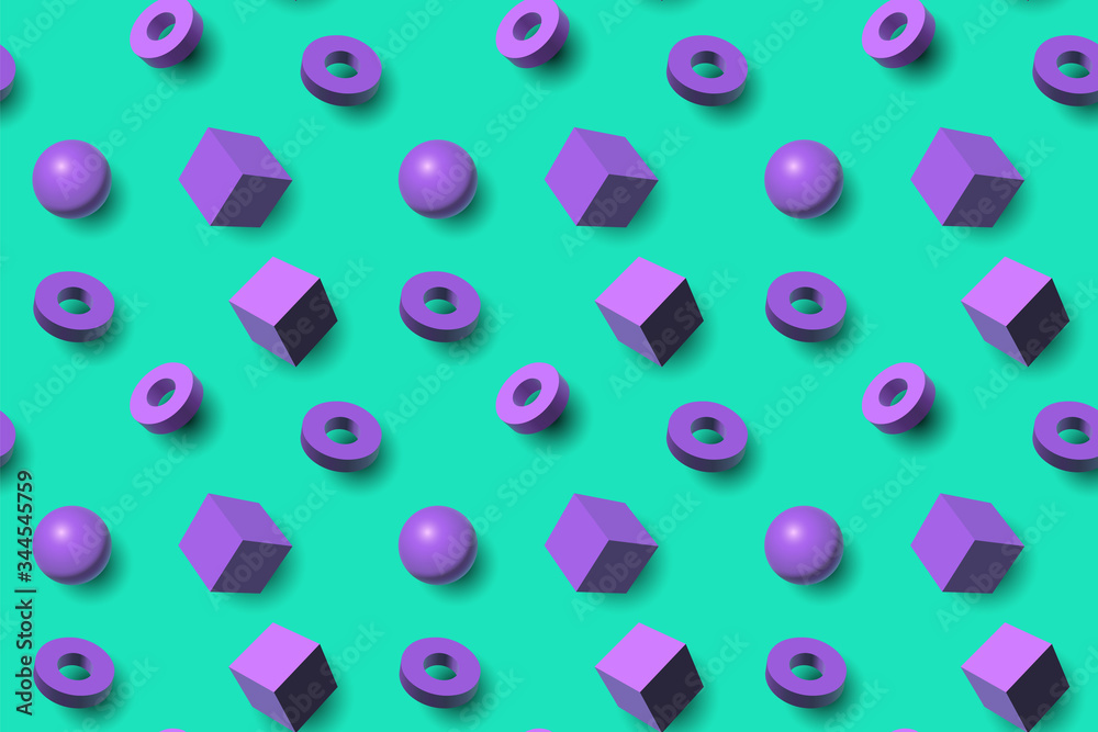 Poster seamless pattern with purple 3d shapes flying over aqua menthe green backdrop, abstract background f