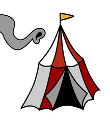 Circus tent and elephant trunk on a white background. Cartoon style vector illustration.