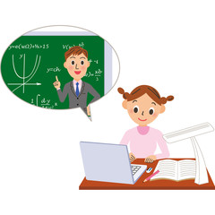Fototapeta na wymiar オンライン授業で数学を教える先生と女子生徒