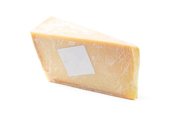 Cheese with blank label. Isolated on white