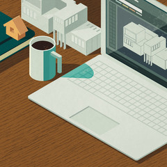 Architect desk with 3D model and laptop,3D illustration