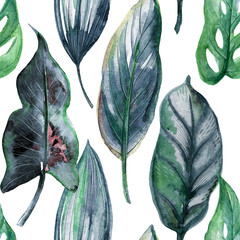 Seamless pattern with watercolor tropical leaves and plants