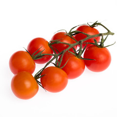 Branch of fresh cherry tomatoes isolated on white, top view