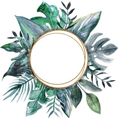 Beautiful frame with hand drawn watercolor tropical leaves and plants.