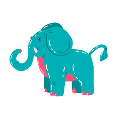 Big mammal elephant in cartoon style isolated on white. It has large ears, a concave back, wrinkled skin, an inclined belly. Sticker for children. Vector image