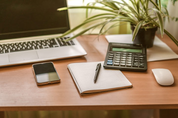 Neat and clean, well-organized home office workspace with tech gadgets, writing accessories, laptops and plants. Office in self-isolation.