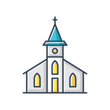 recommend clip art: Catholic church RGB color icon. Religious establishment facade with cross on roof. Christian town chapel entrance. Gospel for congregation. Historical construction. Isolated vector illustration