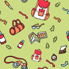 Hand drawn camping seamless pattern. Vector background with hiking and landscape travel elements.