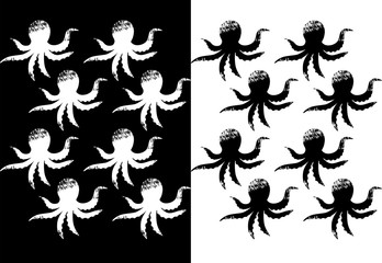 Octopus pattern repeat in black and white color. Silhouette Vector illustration. Sea Ocean Wallpaper