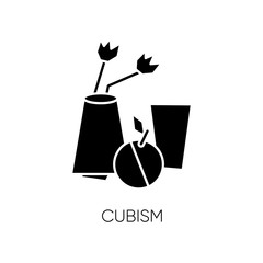 Cubism black glyph icon. Vase and fruit abstract composition. 20th century cultural movement. Still life minimal painting. Silhouette symbol on white space. Vector isolated illustration