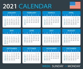 2021 Calendar - vector template graphic illustration - Sunday to Monday